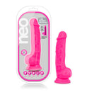 Neo Dual Density Dildo with Balls 7 inches in bright neon pink, featuring suction cup and harness compatibility.