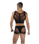 Envy Fishnet Armor 2 Piece Set Black displayed from the back, showcasing the crop tank and boxer shorts in black mesh.