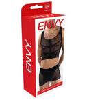 Envy Fishnet Armor 2 Piece Set Black packaging featuring a mesh crop tank and boxer-style shorts for a modern men’s outfit.