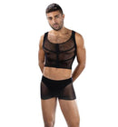 Envy Fishnet Armor 2 Piece Set Black modeled by a male model, showcasing a cropped tank and boxer shorts in mesh.