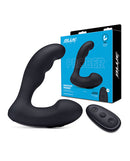 Blue Line Vibrating Prostate Prober with Remote Black on display with packaging and remote.