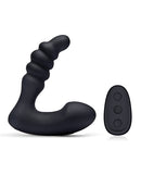 Blue Line Vibrating Prostate Prodder with Remote Black next to its remote control.