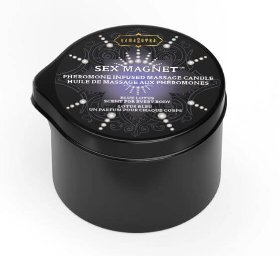 Kama Sutra Sex Magnet Blue Lotus Candle 2 Oz packaging, pheromone infused massage candle in black container.