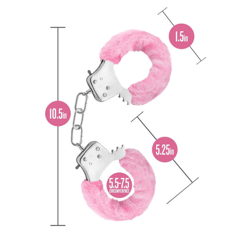 Pink Temptasia Beginner Cuffs with Faux Fur Lining, dimensions shown: 10.5in length, 1.5in width, 5.25in wrist circumference.