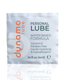 Dynamo Lube Water Based Formula Foil packet with personal lube information and hypoallergenic features.