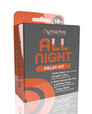 Dynamo Wellness All Night Delay Kit packaging with delay spray, C-ring, intimate wipes, and lube foils.