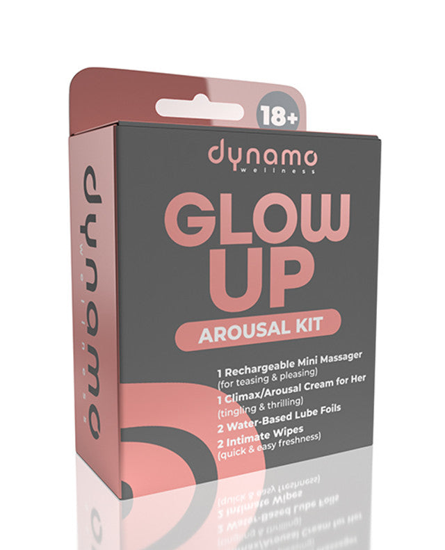 Dynamo Wellness Glow Up Arousal Kit packaging featuring mini massager, cream, lube foils, and intimate wipes.