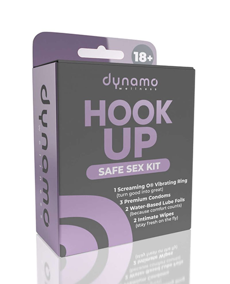 Dynamo Wellness Hook Up Intimacy Kit Gray packaging featuring safe sex essentials and intimacy items.