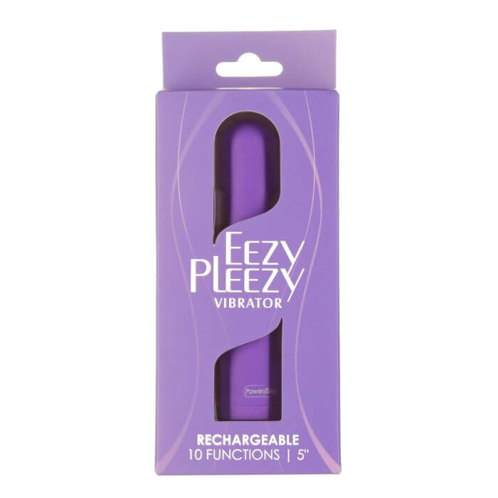 Power Bullet Eezy Pleezy Rechargeable 5-Inch Vibrator in purple packaging with 10 functions for pleasure on-the-go.