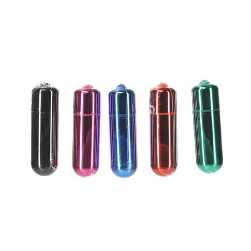 Colorful mini bullet vibrators lined up in a row, featuring black, pink, blue, red, and green, perfect for discreet pleasure and portability.