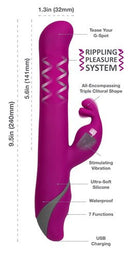 Commotion Samba Raspberry Pink Rabbit Vibrator showcasing its features, dimensions, and dual stimulation design.