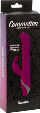 Commotion Samba Raspberry Pink Rabbit Vibrator packaging showcasing its sleek design and vibrant color.