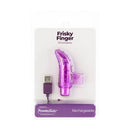 Frisky Finger Vibrator Purple in packaging with USB charger, featuring 9 functions for versatile pleasure.