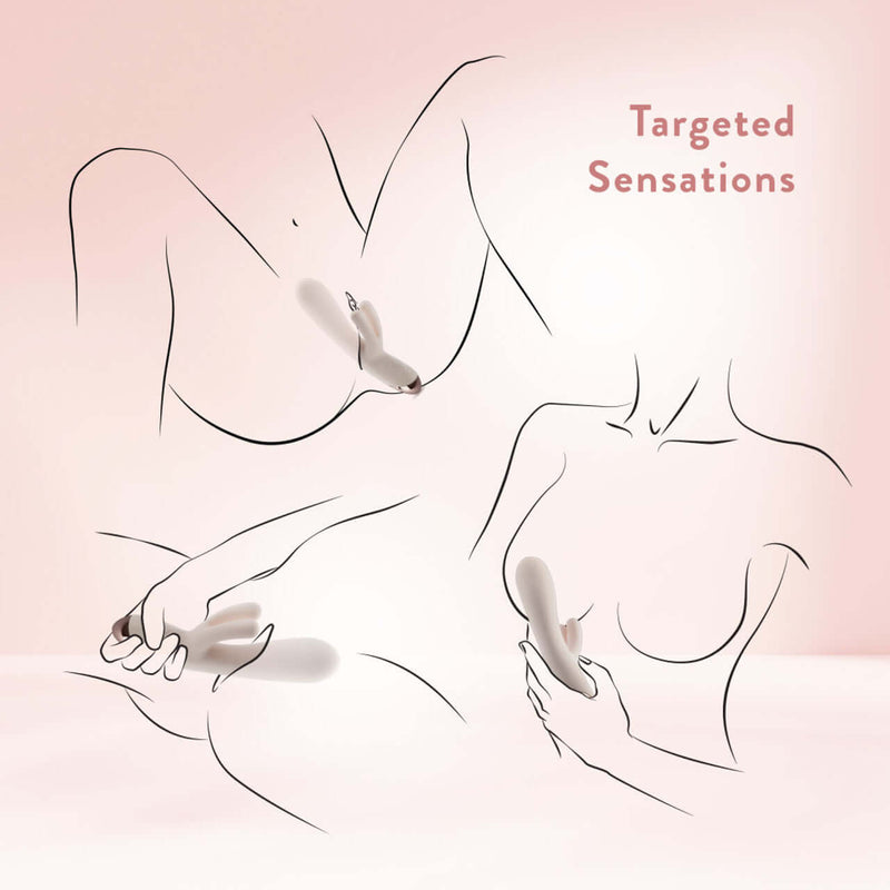 Line art showing various uses of the Blush Elora Pink Rabbit Vibrator for targeted sensations on a soft pink background.