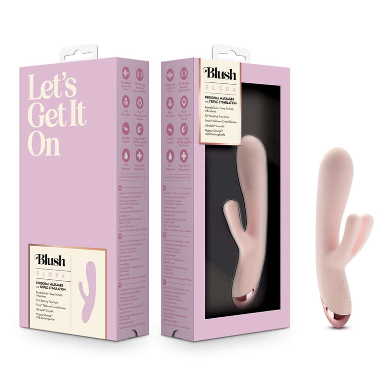 Blush Elora Pink Rabbit Vibrator with packaging, featuring triple stimulation points for luxurious pleasure and 10 dual vibration modes