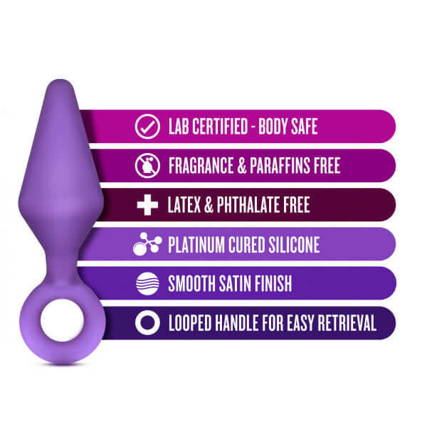 Luxe Candy Rimmer Purple Medium Butt Plug with smooth satin finish, hypoallergenic silicone, and looped handle for easy retrieval.