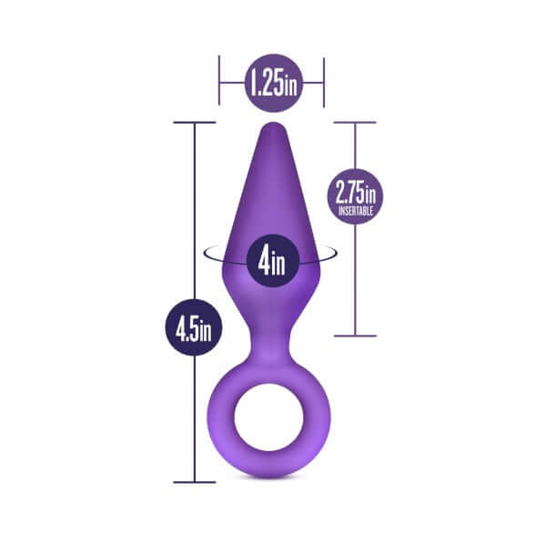 Luxe Candy Rimmer Purple Medium Butt Plug dimensions, 4.5in length, 1.25in width, 2.75in insertable length, ring-shaped base