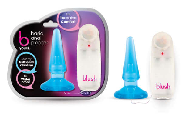 Blush Novelties B Yours Anal Pleaser Blue 4.25-Inch Vibrating Butt Plug in packaging and shown next to remote control