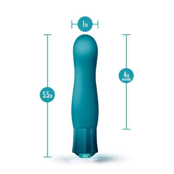 Measurements of Oh My Gem Fierce Blue Topaz Rechargeable Vibrator: 5.5in long, 1in wide, 4in insertable.