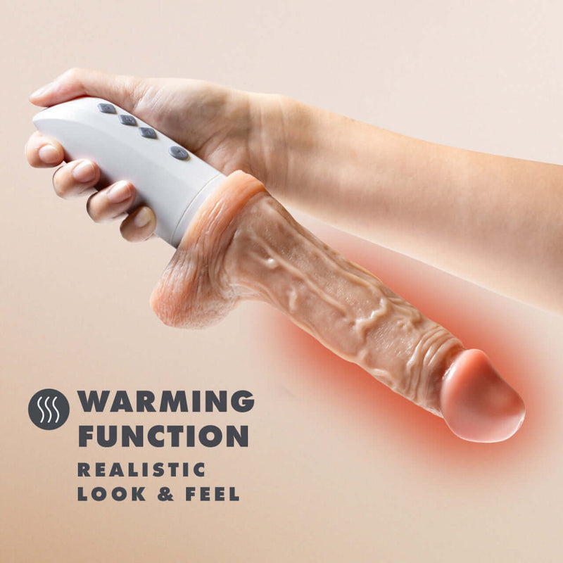Dr. Hammer 7-inch realistic vibrating dildo with ergonomic handle, featuring warming function for realistic look and feel.