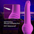 Impressions New York Gyro-Quake Purple Dildo with self-healing silicone charging port and IPX7 waterproof design.