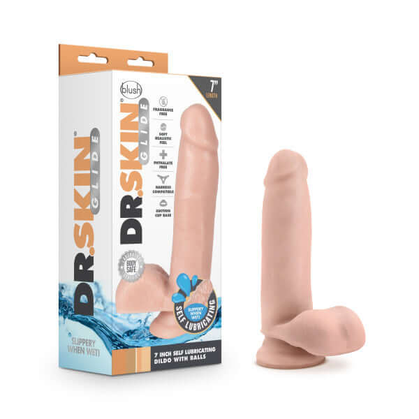 DR SKIN GLIDE 7IN SELF LUBRICATING DILDO W BALLS VANILLA-0