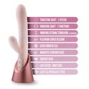 Blush Fraya Pink Rabbit Style Vibrator features and specifications including thrusting and vibrating shaft, platinum-cured silicone, and magnetic charging base