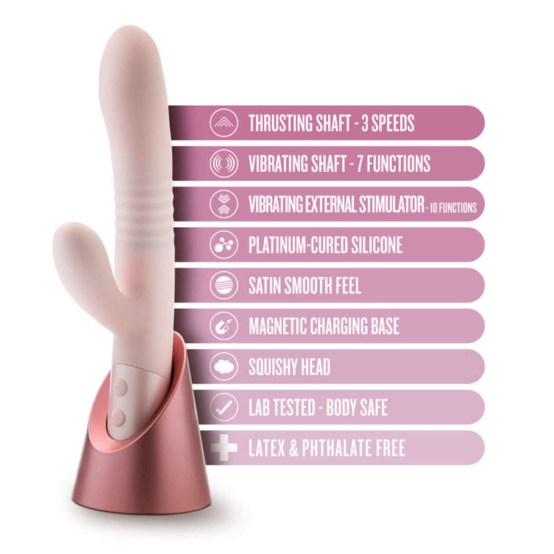 Blush Fraya Pink Rabbit Style Vibrator features and specifications including thrusting and vibrating shaft, platinum-cured silicone, and magnetic charging base