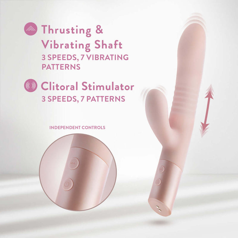 Blush Fraya Pink Rabbit Style Vibrator with thrusting and vibrating shaft, 3 speeds, 7 vibrating patterns, and clitoral stimulator.
