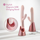 Blush Fraya pink rabbit vibrator in sleek charging stand with USB-C cord
