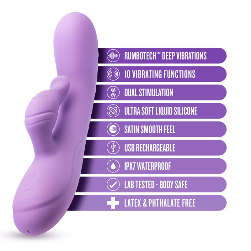 Blush Evelyn Purple Rabbit Vibrator with RumboTech, 10 vibrating modes, dual stimulation, ultra-soft liquid silicone, USB rechargeable