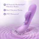 Blush Evelyn Purple Rabbit Vibrator showcasing 10 RumboTech vibration modes, dual vibration points, and IPX7 waterproof feature