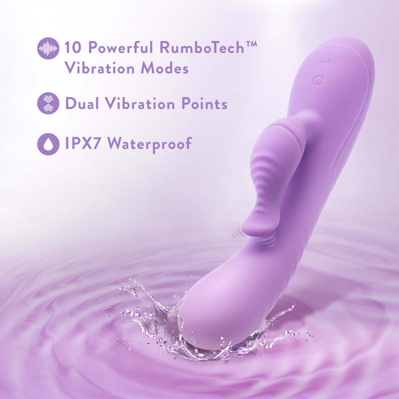 Blush Evelyn Purple Rabbit Vibrator showcasing 10 RumboTech vibration modes, dual vibration points, and IPX7 waterproof feature