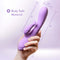 Hand holding Blush Evelyn Purple Rabbit Vibrator, highlighting body-safe material and dimensions (5" and 8") for ultimate pleasure.
