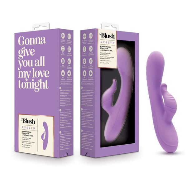 Blush Evelyn Purple Rabbit Vibrator and packaging, featuring advanced RumboTech powered vibrations.