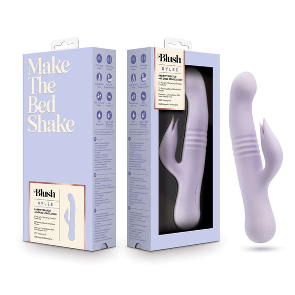 Blush Rylee Lavender Purple Rabbit Vibrator - Dual Stimulation, USB Rechargeable with packaging showcasing product and features