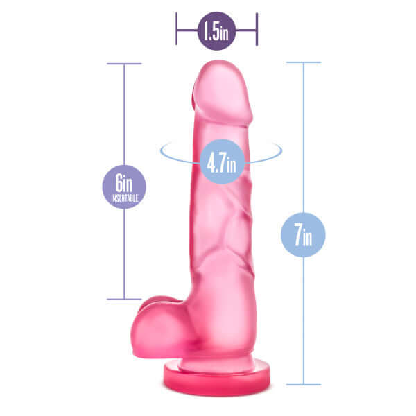 Blush Novelties B Yours Sweet N Hard 4 realistic pink dildo with dimensions 7 inches long, 1.5 inches wide, and 6 inches insertable length