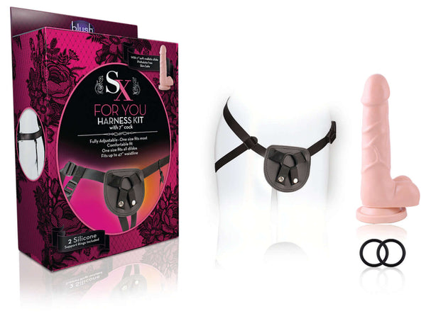 SX For You Beginner's Harness Kit with 7-Inch Realistic Dildo and adjustable strap-on harness system by Blush Novelties.