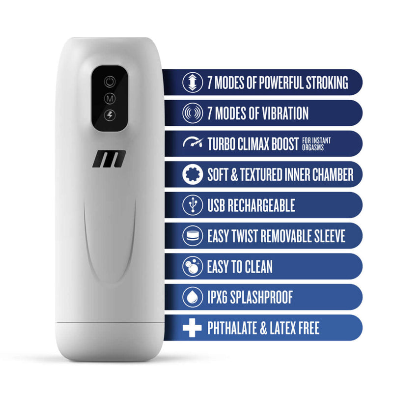 M For Men Robo-Bator White male masturbator with 7 vibration/stroking modes, Turbo Climax Boost, rechargeable, easy to clean, splashproof.