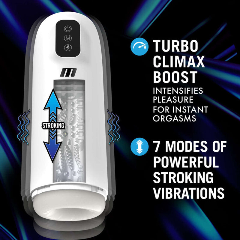 M For Men Robo-Bator White with Turbo Climax Boost and 7 Stroking Vibrations