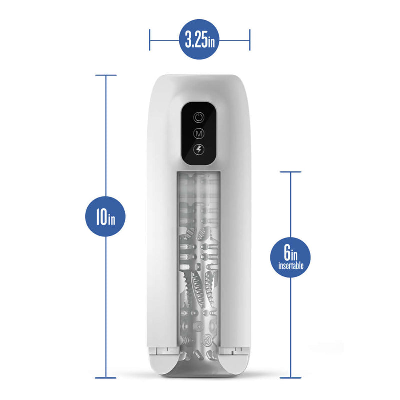 M For Men Robo-Bator White male masturbator dimensions - 10 inches height, 3.25 inches width, 6 inches insertable length.