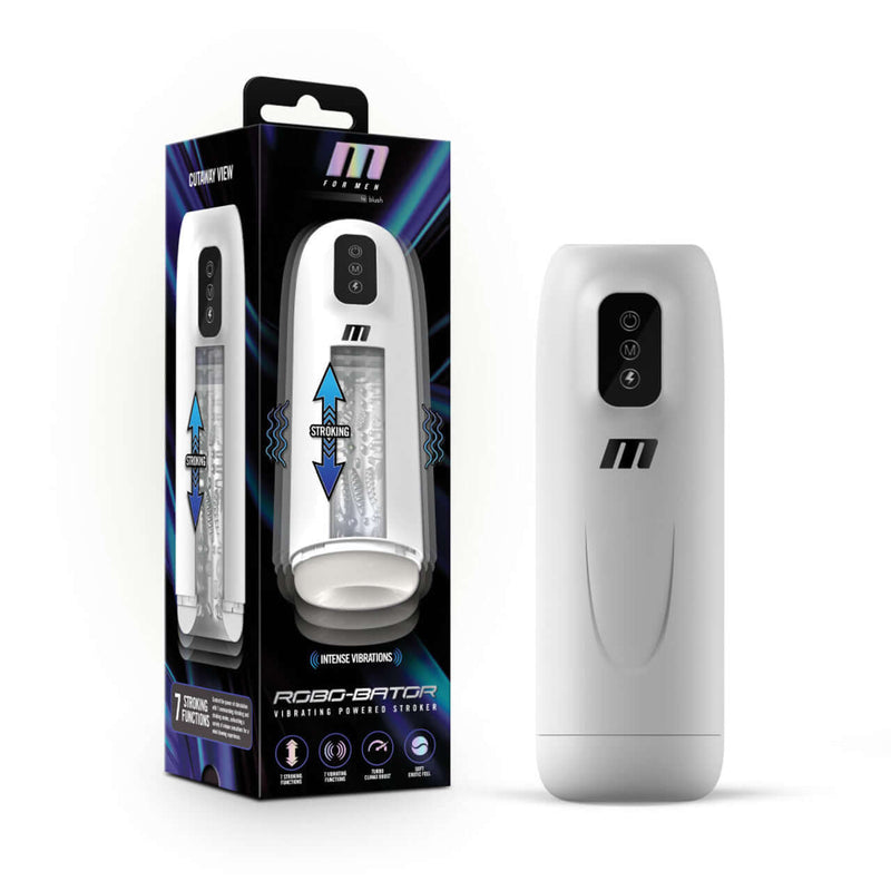M For Men Robo-Bator male masturbator in white with packaging showcasing 7 vibrating and stroking modes for ultimate pleasure.