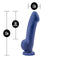 Avant D8 Ergo Indigo Dildo with 7.5 inches in length, 6 inches insertable, and 1.5 inches width, showcasing lifelike form