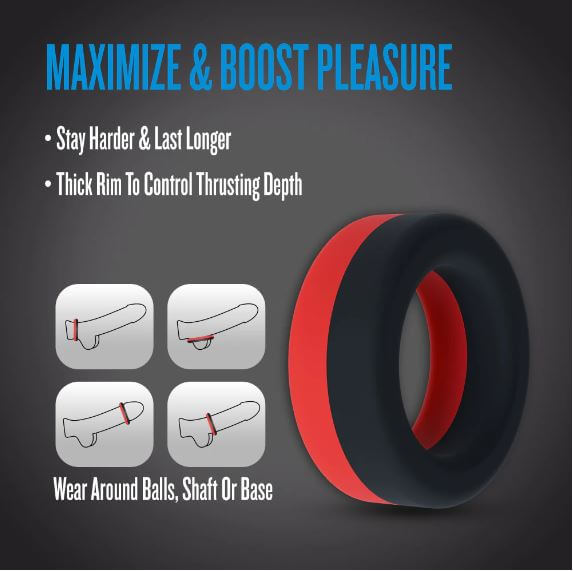 Performance Plus Takeoff Silicone Cock Ring Red Black features for maximizing pleasure and boosting stamina.