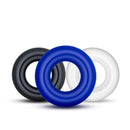 Stay Hard Donut Cock Rings 50 Piece Display featuring black, blue, and white donut cock rings.