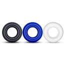 Stay Hard Donut Cock Rings 50 Piece Display showcasing black, blue, and white cock rings.