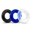 Stay Hard Donut Cock Rings 50 Piece Display featuring black, blue, and clear donut-shaped cock rings.