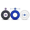 Stay Hard Donut Cock Rings 50 Piece Display showing three different sizes: black, blue, and white rings.