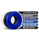 Stay Hard Donut Cock Rings 50 Piece Display with three colored rubber cock rings and labels highlighting features.