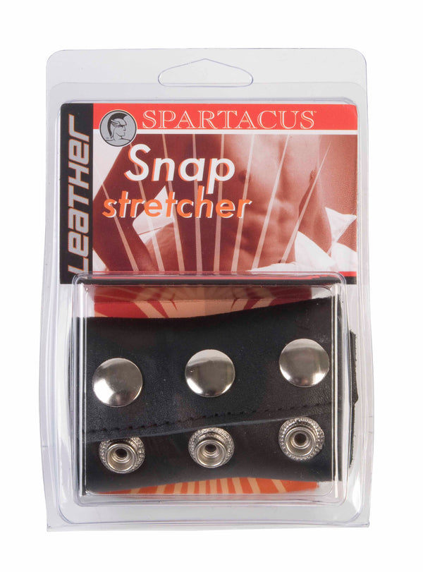 Spartacus Leather Snap Stretcher in packaging with metal snap closures, durable black leather ball stretcher.